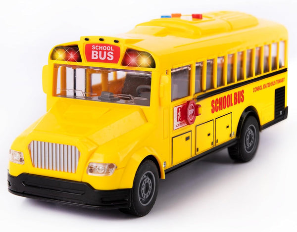 Yellow School Bus Toy with Flashing Lights & Sound, Friction Powered 1/16 Scale School Bus Toy for Kids with 4 Sounds & Lights, Back & Side Doors Open, Easter Gifts for Kids Ages 3+