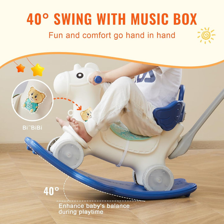 4 in 1 Rocking Horse for Toddlers 1-3 Years, Baby Rocking Horse with Detachable Balance Board, Push Handle and 4 Smooth Wheels, Support up to HDPE 80 Lbs Kids Ride on Toy with Sound, Blue