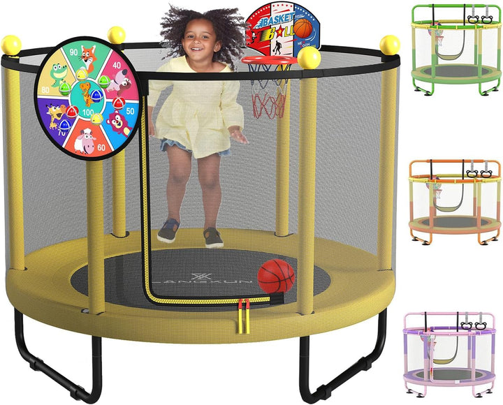 60" Trampoline for Kids, 5Ft Toddler Mini 6-In-1 Trampoline Indoor Outdoor with Swing, Basketball Hoop, Dart Board, Gymnastics Bar, Rings, Christmas Toys Birthday Gifts for Girls Boys Age 3-8