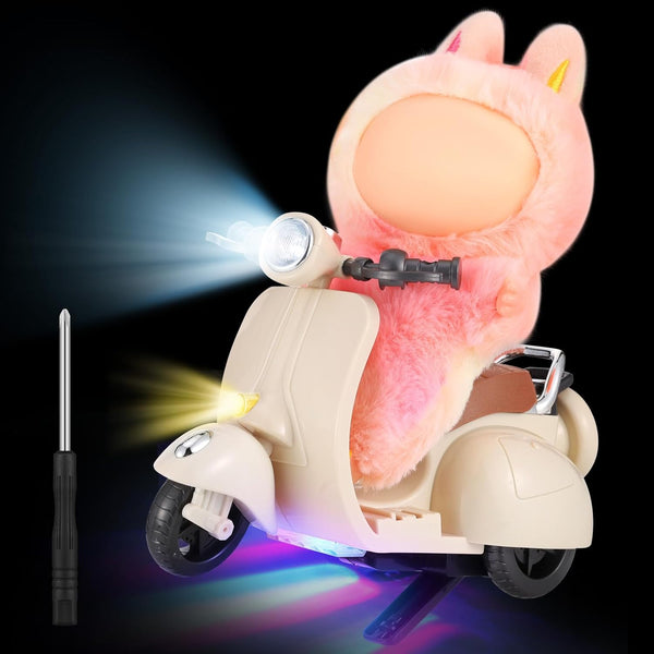 Mini Funny Electric Doll Scooter Vehicles Accessory with Music and Lights Could Rotate 360° Cute Plastic Scooter Desktop Ornaments Screwdriver Included Battery Not Included