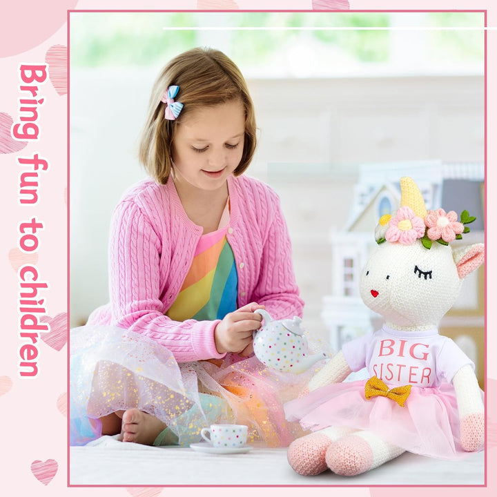 Big Sister Gift for Girls 17 Inches Unicorn Stuffed Plush Doll Short Sleeve Top and Pink Tutu Skirt Gifts for Girls Toddler