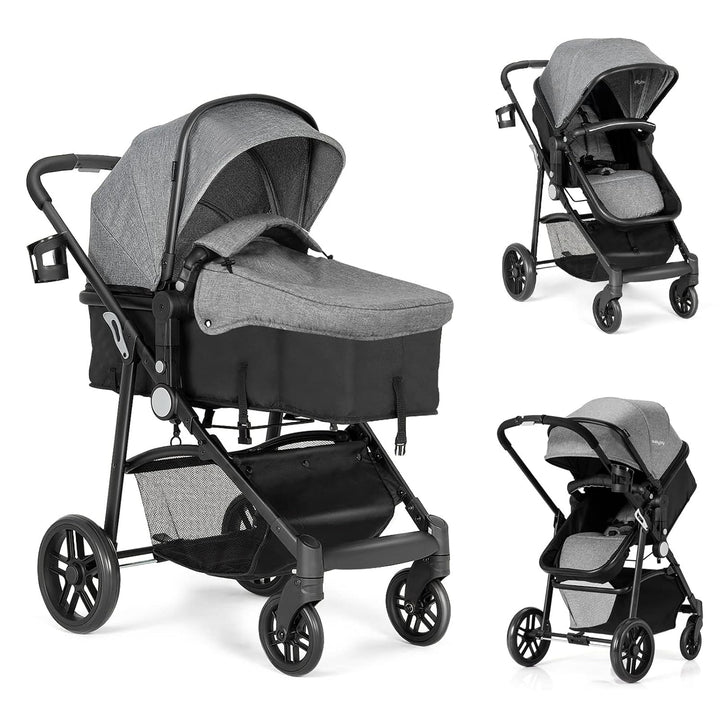 Baby Stroller, 2 in 1 Convertible Carriage Bassinet to Stroller, Pushchair with Foot Cover, Cup Holder, Large Storage Space, Wheels Suspension, 5-Point Harness (Gray)
