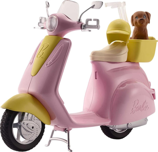 Toy Scooter with Puppy & Helmet Accessory, Pink & Yellow Moped with Basket, Kickstand & Seat Clip for Doll