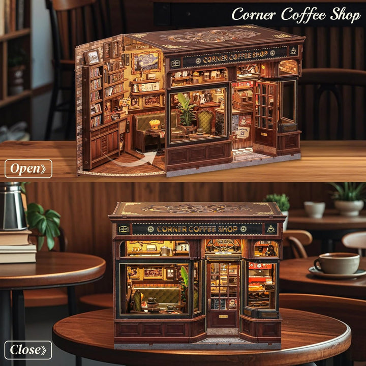 Book Nook Kit - DIY Miniature House Coffee Shop Dollhouse Kit for Adults and Teens, Booknook Tiny House Bookshelf Decor 3D Wooden Puzzle, Gifts for Family, Friends (Corner Coffee Shop)