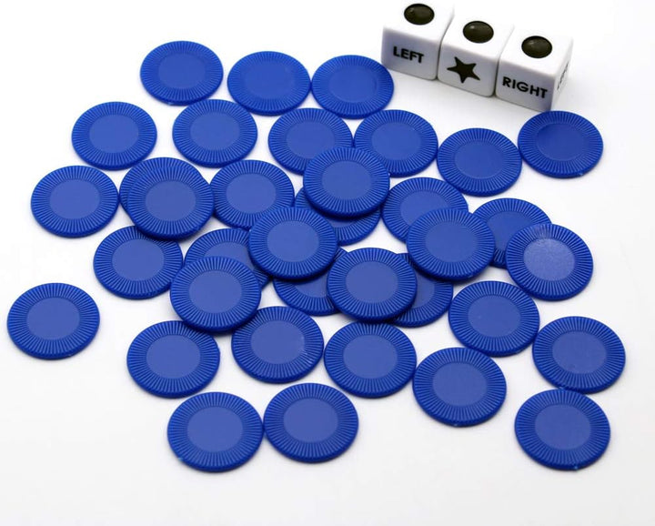 Left Right Center Dice Game Set with 3 Dices + 36 Blue Chips (Blue)