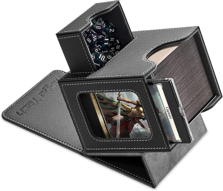 Card Deck Box for MTG Commander - Patented Design, Commander Display, Fits 100 Double-Sleeved Cards, 35Pt Card Brick & Dice Tray - Black/Red