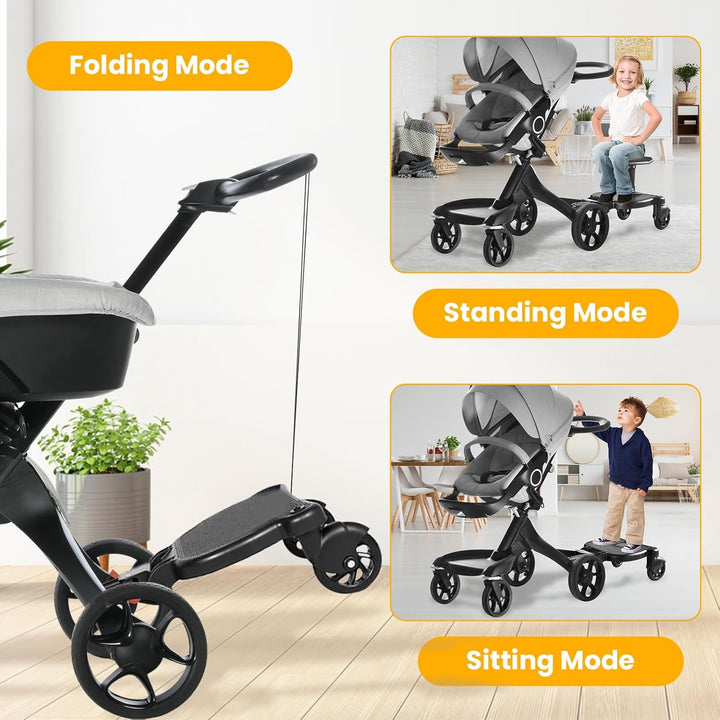 Universal Stroller Board with Detachable Seat, 2-In-1 Stroller Ride-On Board for Toddler, Fits Most Stroller Brands, Sit and Stand Stroller Attachment, Holds up to 55 Lbs for Kids Ages 3-7