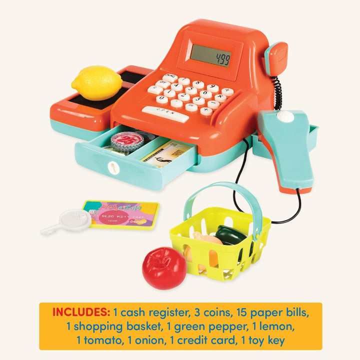 – Interactive Kids Cash Register with Scanner & Sounds – 26 Pieces Pretend Play Shopping Set with Light – up Scanner, Play Money & Card – Educational Toy for Learning & Fun – 3+ Years