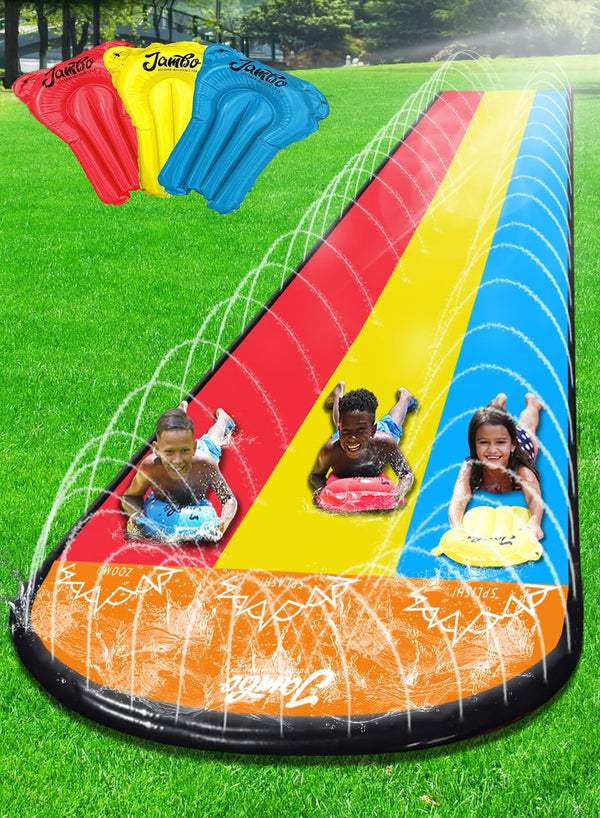 Premium Triple Water Slide with 3 Bodyboards, 20Ft Heavy Duty Slip Splash and Slides-Advanced 3-Way Sprinkler System, Splash Pad Mat Backyard Summer Outdoor Water Toys N Long Slides for Kids
