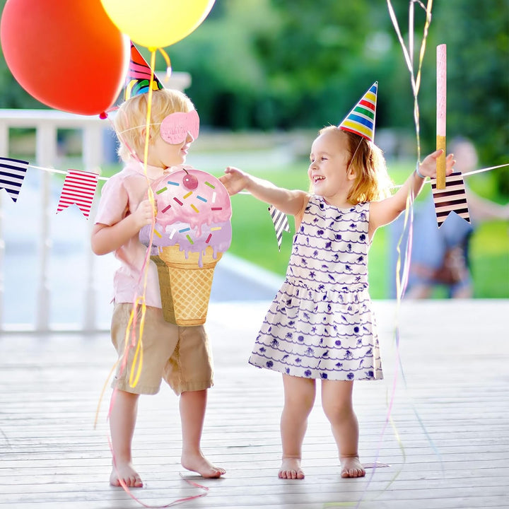 Pink Ice Cream Piñata Cute Dessert Cone Shaped Piñata with Stick Blindfold for Ice Cream Candy Birthday Party Summer Baby Shower Wedding Party Supplies Decor, 15.8 X 9.5 Inch