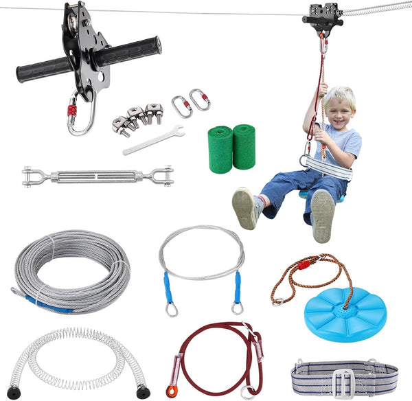 Zip Line Kits for Backyard，160Ft Zip Line Kit for Kids and Adult up to 330 Lb, Included Swing Seat, Ziplines Brake, and Steel Trolley, Outdoor Playground Equipment