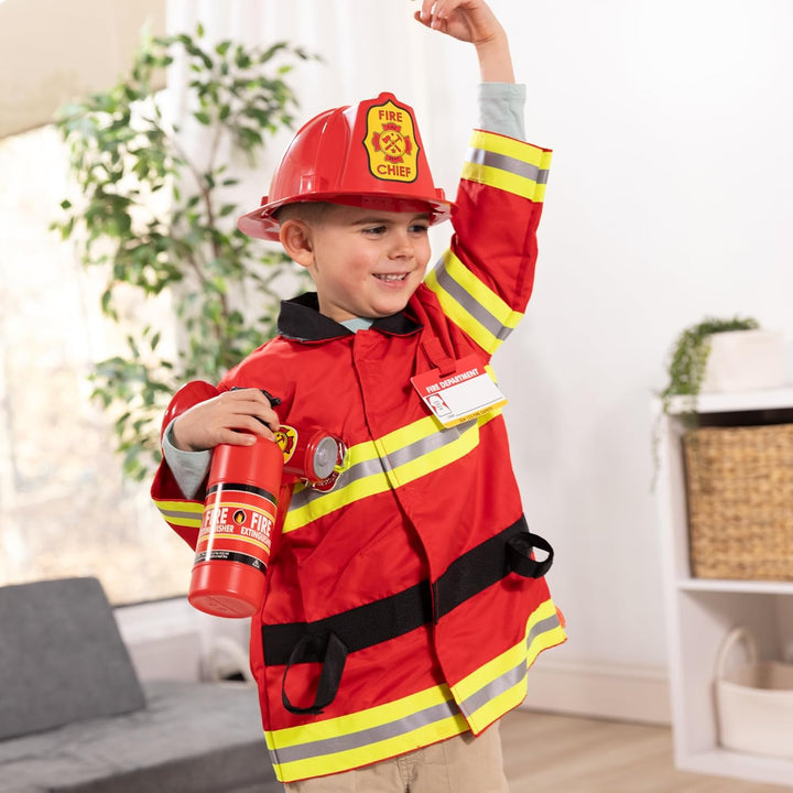 Fire Chief Role Play Costume Dress-Up Set Pretend Fire Fighter Outfit with Realistic Accessories, Firefighter Costume for Kids and Toddlers Ages 3+