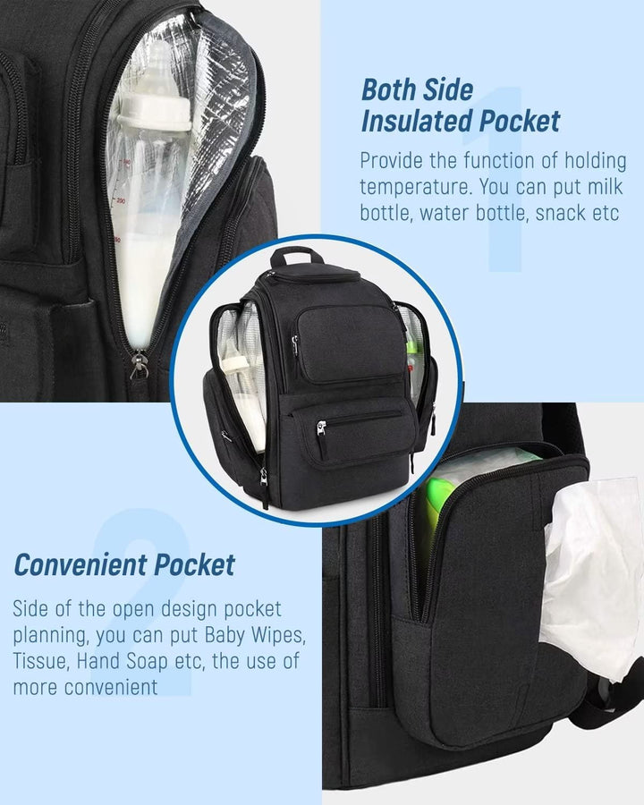 Diaper Bag Backpack, Multifunctional Dad Diaper Bag with 2 Side Insulated Pockets, Travel Water Resistant Baby Diaper Backpack for Men Women with Stroller Straps, Black