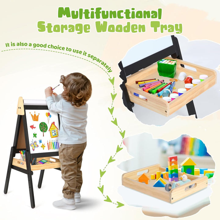 3 in 1 Easel for Kids with Wood Tray, Double Sided Kids Easel with Paper Roll,Magnetic Chalkboard & White Board Height Adjustable Painting Standing Drawing Board for Toddlers Childrens 2-5 (Black)
