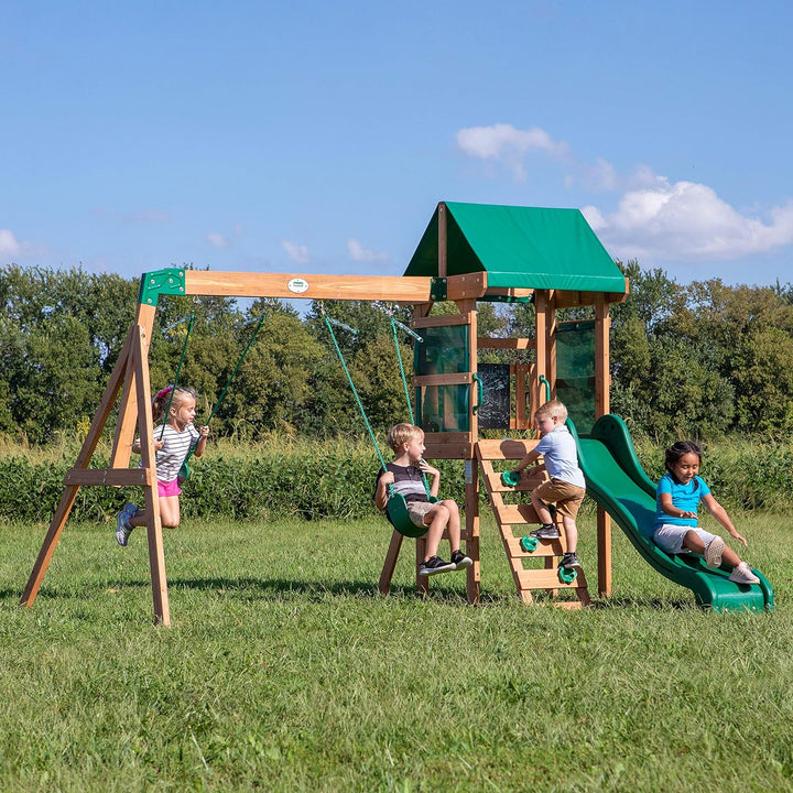 Buckley Hill Cedar Wood Swing Set with Wave Slide, Play Deck, Rock Wall Ladder, Belt Swings, Chalkboard, Canopy Roof, Outdoor Playset