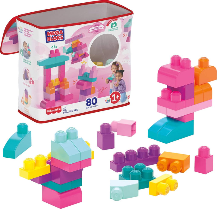 MEGA BLOKS First Builders Toddler Blocks Toys Set, Big Building Bag with 80 Pieces and Storage, Blue, Ages 1+ Years