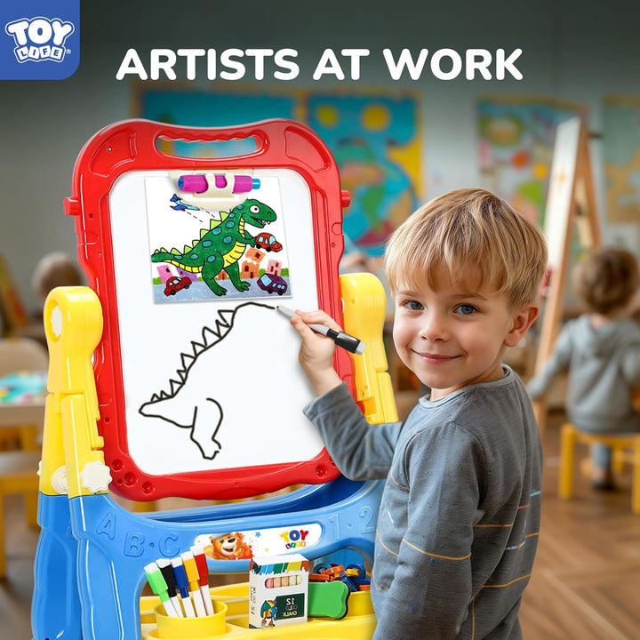 Large Art Easel for Kids, Double-Sided 4In1 Toddler Easel with Rotable Magnetic Chalkboard & White Drawing Board, Height Adjustable with Magnetic Letters & Numbers Gifts for Boys and Girls