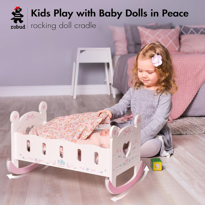 Wooden Baby Doll Crib, Baby Doll Bed Toys, for Dolls up to 18 Inch, Doll Accessories - with Mattress, Pillow, Quilt, Gift for Boys & Girls, Ages 3+