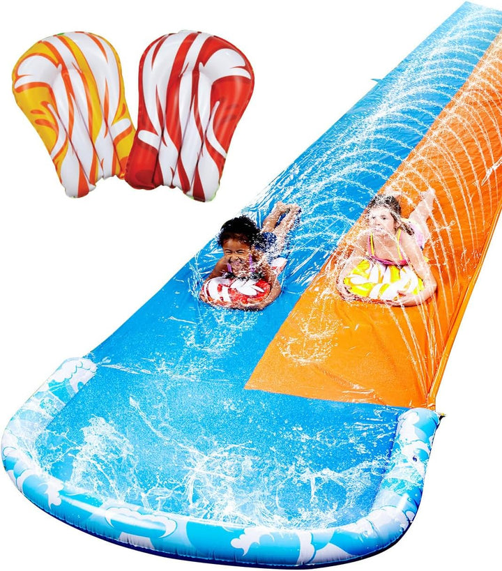 22.5Ft Water Slides and 2 Bodyboards, Lawn Water Slide Summer Slip Waterslides Water Toy with Build in Sprinkler for Backyard Outdoor Water Fun for Kids