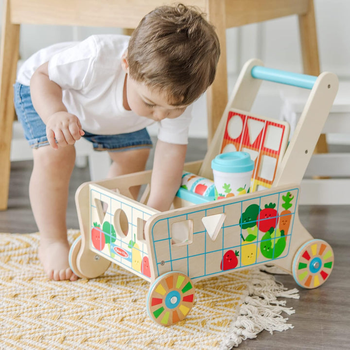 Wooden Shape Sorting Grocery Cart Push Toy and Puzzles - Pretend Play Grocery Toys, Sorting and Stacking Toys for Infants and Toddlers Ages 1+ - Fsc-Certified Materials