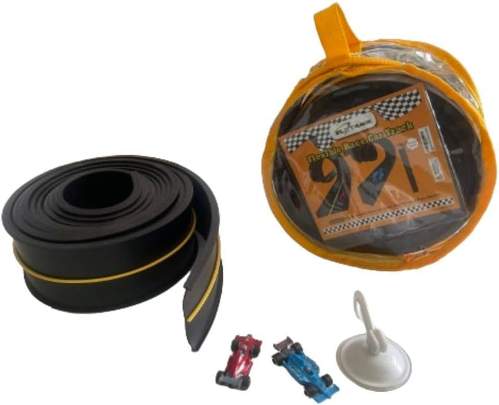 Flexible Race Car Track Set, with Pressure Suction Cup, 2 Small Racecars, Zipup Storage Bag, Highly Flexible Two-Lane, Slot Car Race Tracks Set, DOUBLESIDED 5+ Meters Long, Montessori Toy