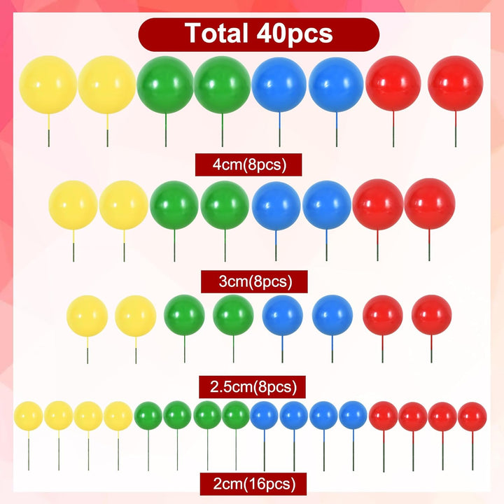 40 Pcs Mini Balls Cake Toppers - Foam Balls DIY Cake Topper Inserts for Birthday Wedding Baby Shower Anniversary Cake Decorations (Red Blue Yellow Green)