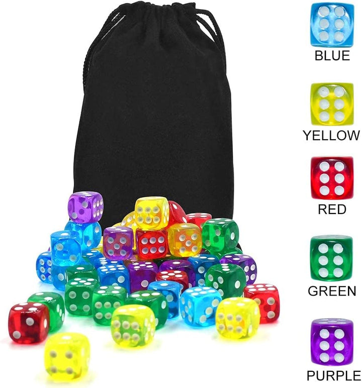 50 of Pack 14MM 6 Sided Dice Set Translucent Colors Dice, with Black Pouch for Board Game