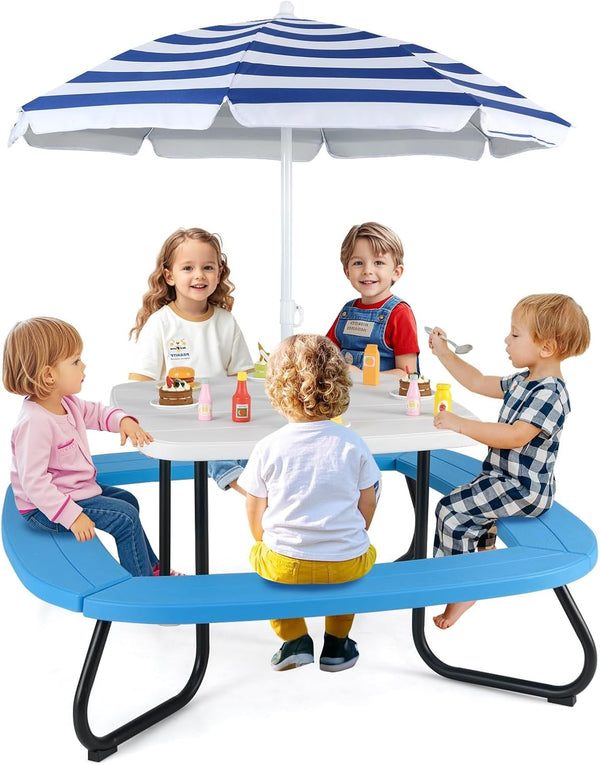 8 Seat Kids Picnic Table with Umbrella & 4 Built-In Benches, Fits 8 Children, Indoor Outdoor Toddler Picnic Table for Backyard Lawn & Patio (White+Blue)