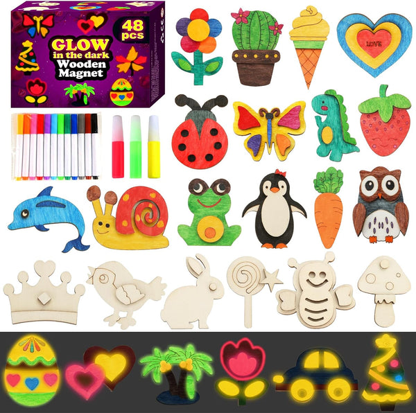 48 Pcs DIY Wooden Magnets, Wooden Art Craft Supplies Painting Kit for Kids Ages 4-8 8-12 Glow in the Dark Party Favors Goodie Bag Stuffers Birthday Gifts Toys for Boys Girls