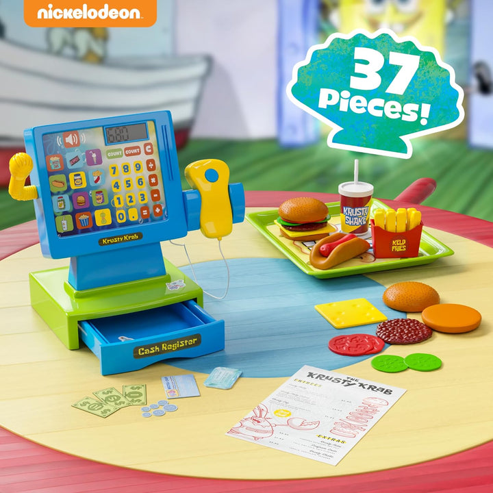 Spongebob Cash Register Play Set - Krusty Krab Cash Register - Includes Toy Cash Register and Realistic Play Food Items with Pretend Food and Play Money