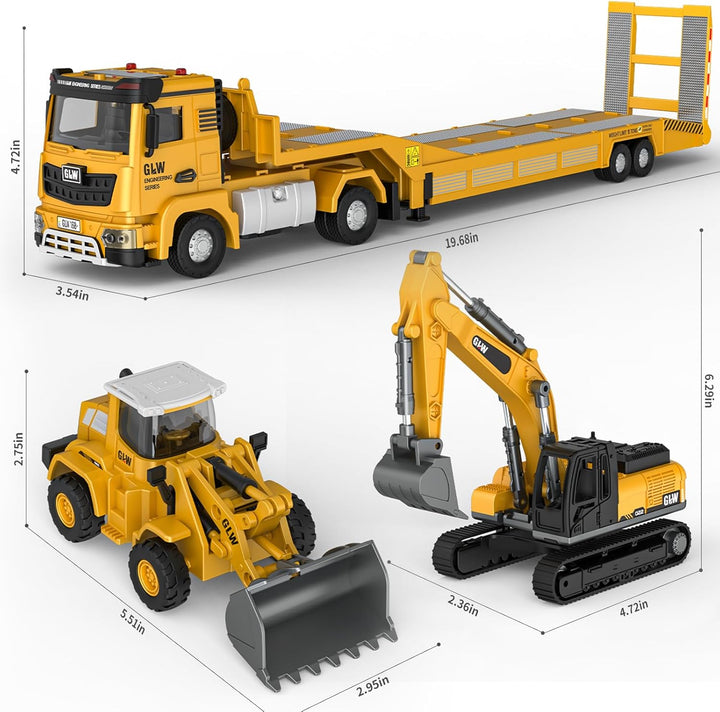 Kids Toys for 3 4 5 6 7 Years Old Boys, Die-Cast Construction Toys Set W/Semi Truck, Excavator, Bulldozer, Alloy Engineering Construction Vehicles Truck Toys W/Lights & Sounds, Model Cars