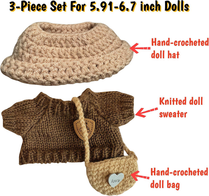 3-Piece Handcrafted Crochet Doll Clothes - Compatible with Labubu 5.91-6.7Inch (15-17Cm) Dolls as Accessories, Premium Dolls Outfit with Accessories, Hand Crocheted Hat, Sweaters, Bag (Maillard Brown)