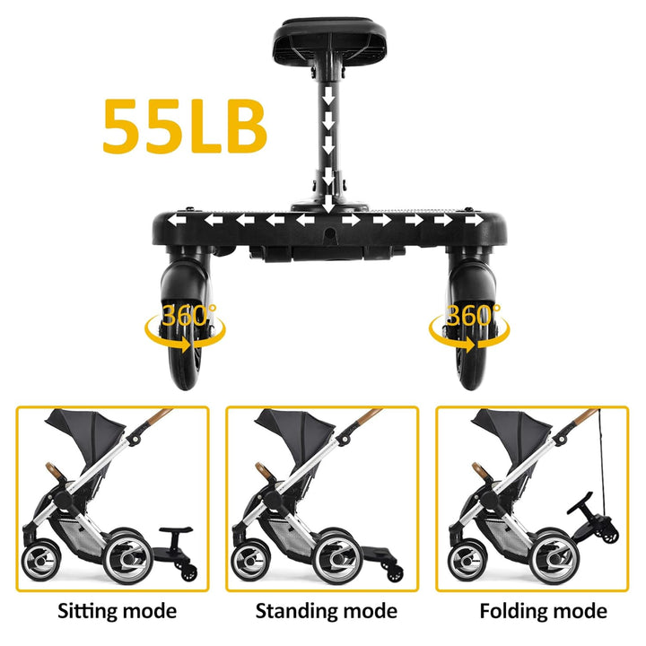 2025 New-Universal Stroller Board with Detachable Seat, 2In1 Sit and Stand Stroller Glider Board for Most Strollers, Holds Children up to 55 Lbs Stroller Standing Board (Black)