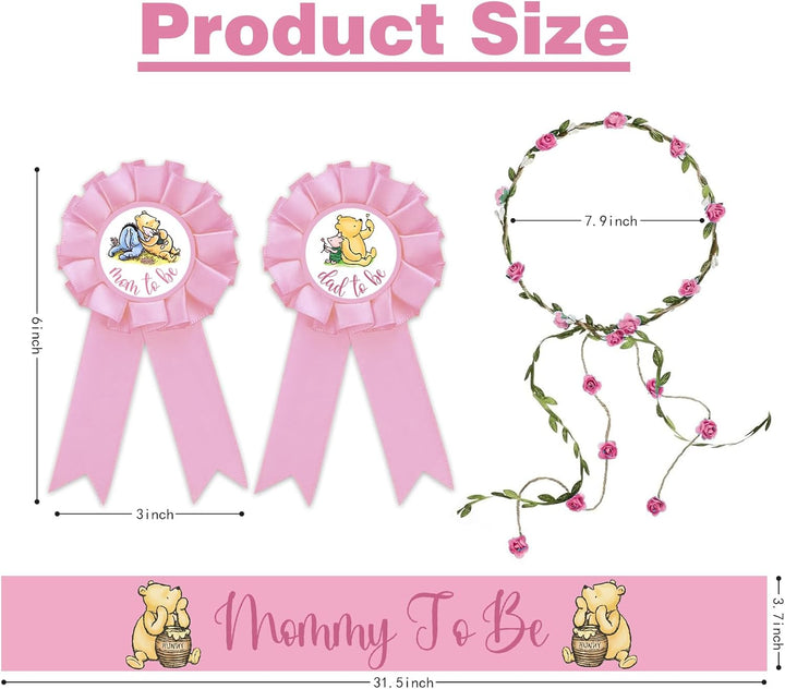 Winnie Baby Shower Sash Mom to Be Sash and Dad to Be Pin Flower Crown for Gender Reveals Party Classic Baby Shower Girls Pregnancy Props Gift