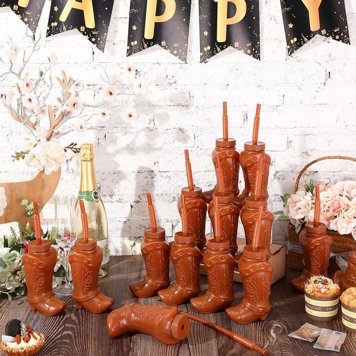 12 Pcs 10 Oz Plastic Cowboy Boot Cups with Straws and Lids Plastic Cowboy Cups for Western Themed Party Supplies and Rodeo Party Decorations (Brown)