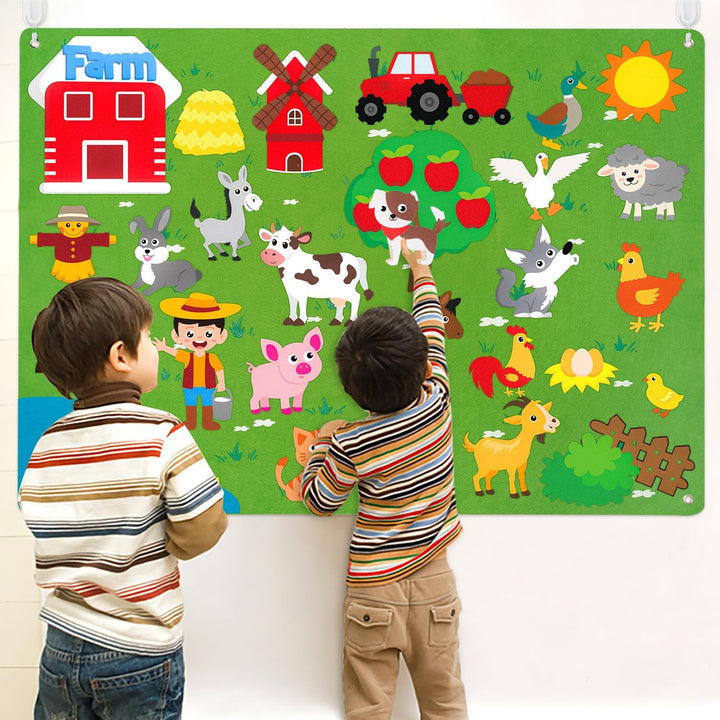 Farm Animals Felt Story Board Set 3.5Ft 38Pcs Preschool Farmhouse Themed Storytelling Flannel Barnyard Domestic Livestock Early Learning Interactive Play Kit Wall Hanging Gift for Kids
