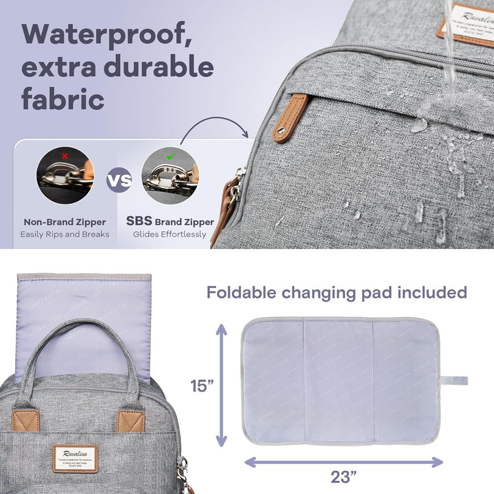 Diaper Bag Backpack-Multifunction Travel Baby Diaper Bag with Changing Pad, Insulated Bottle Holders & Pacifier Case, Large Capacity, Waterproof, Gray