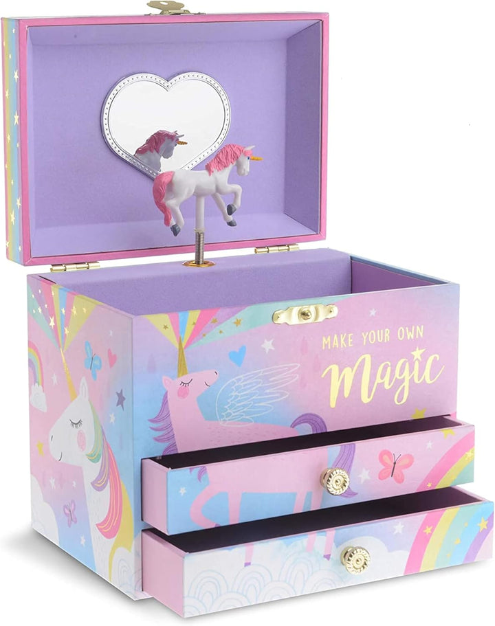 Enchanting Unicorn Musical Jewelry Box for Girls - Sparkling Rainbow Design Music Box with 2 Pullout Drawers to Store Earrings, Necklace and Bracelets - Plays the Beautiful Dreamer Tune