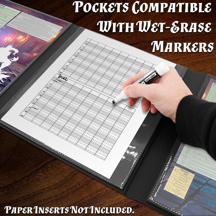 DM Screen Faux Leather 8-Panel Deluxe GM Screen - Eight Panel Folding Dungeon Master Screen with 2 Swinging Panels and Wet Erase Pockets for Ttrpgs - Inserts Not Included