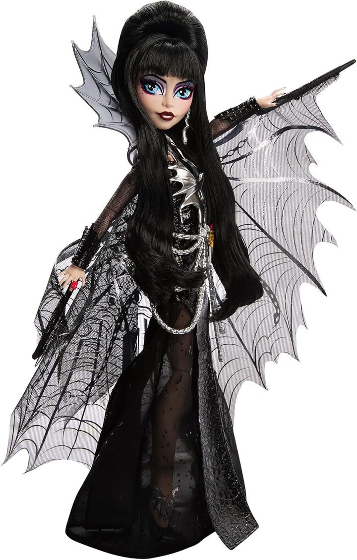 Doll, Elvira, Mistress of the Dark Collectible in Black Faux Leather Dress with Silvery Batwing Cape and Premium Accessories