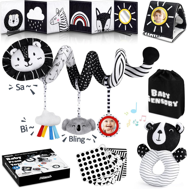 High Contrast Baby Toys for Newborn, Black and White Baby Sensory Toys with Car Seat Toys,Infant Toys with Black White Cards Book, Montessori Toys for Baby Gifts