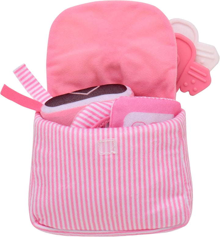 4 Piece Plush My First Purse Play Set with Sensory Toys and Bonus Teether Keys for Baby, Pink Stripe, 8 Inch