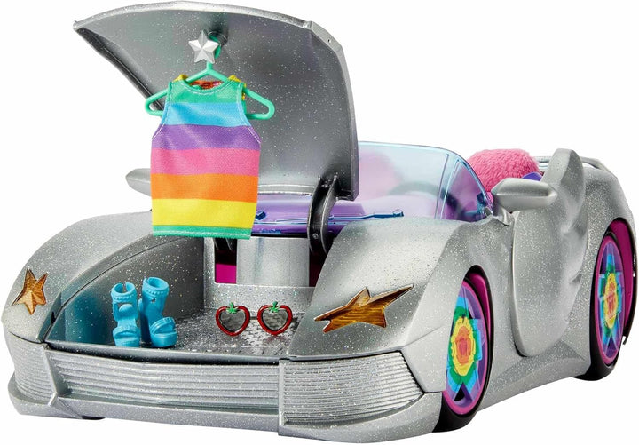 Extra Toy Car with Fashion Accessories & Puppy, Sparkly Silver 2-Seater Convertible with Hood Storage & Pet Pool, Sized for Fashion Dolls