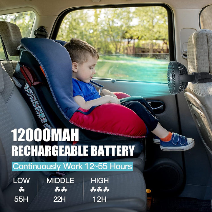 Portable Stroller Fan, Use as Power Bank, 65H 12000Mah Battery Operated Fan Flexible Tripod Baby Car Seat Fans with Timming, Personal Mini Handheld/Desk/Small Clip on Fans for Stroller