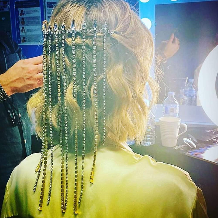Zircon Rhinestone Long Tassel Hair Chain Wedding Bling Elastic Head Chain Jewelry Bride Accessories for Women(Gold-Color)