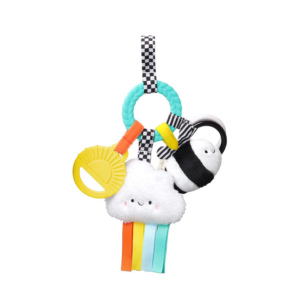 Teething Activity Toy - Bitzy Busy Ring Infant Teething Toy Features Braided Ring & Dangling Toys, Includes Teether, Ribbons, Crinkle Sound & Jingle Bell - 0 Months & up (High Contrast)