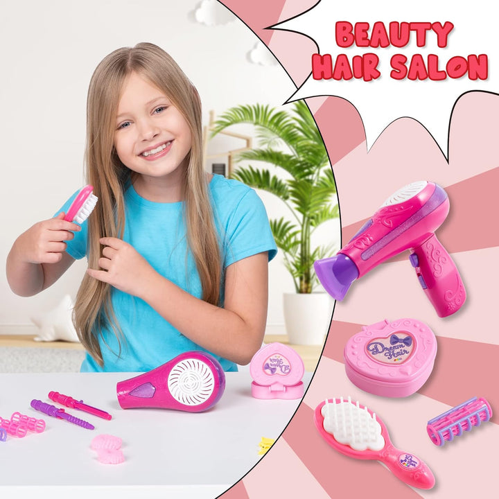 17Pcs Girls Beauty Salon Set, Pretend Play Doll Hair Stylist Toy Kit with Hairdryer, Mirror, Curling Iron and Other Accessories for Kids Toddler Fashion Cutting Makeup Party Favor, Birthday Gift