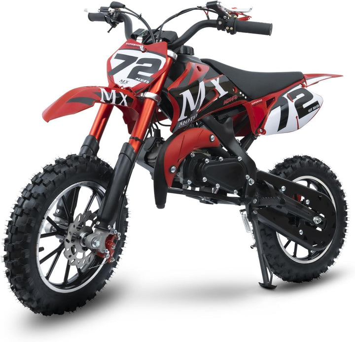 49CC Gas Dirt Bike for Kids 24 MPH Max Speed, Front/Rear Disc Brakes, Dual Suspension, Easy Pull Start - Mini Off-Road Motorcycle, with Armor 250 LBS Capacity Red