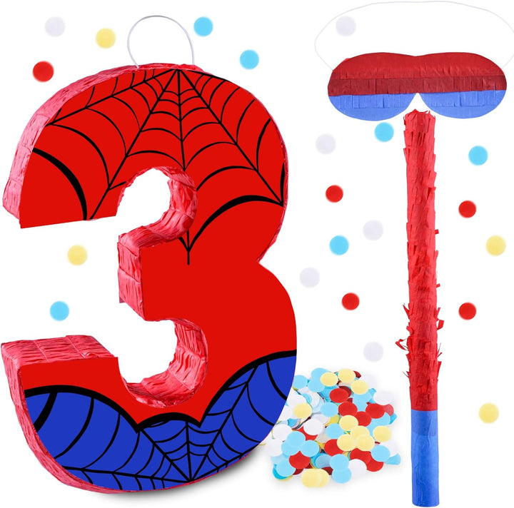 16 Inch Number 4 Spider Pinata with 16 Inch Piñata Stick Blindfold Confetti for Boy Girl Kids 4Th Birthday Party Decorations (4Th)