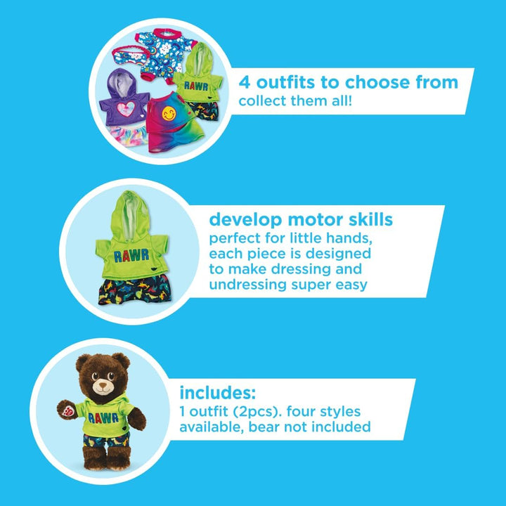 MINI Build-A-Bear Workshop Green Rawr Toy Clothes Pack. 4 Mix-And-Match Toy Outfits Includes Pajamas, Cute Hoodies, Summer Styles | for Kids Aged 3+. Suitable for 9” MINI Bears ONLY
